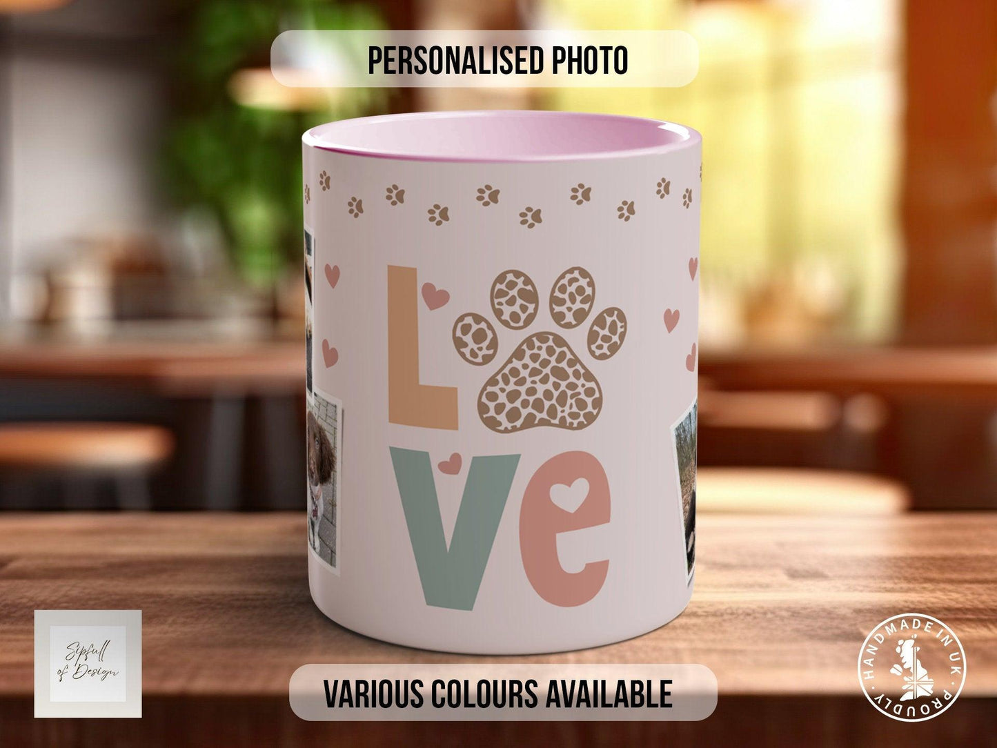 Personalised Dog Mug -  Pink Love Paws Photo Grid  - Multiple Mug Colours