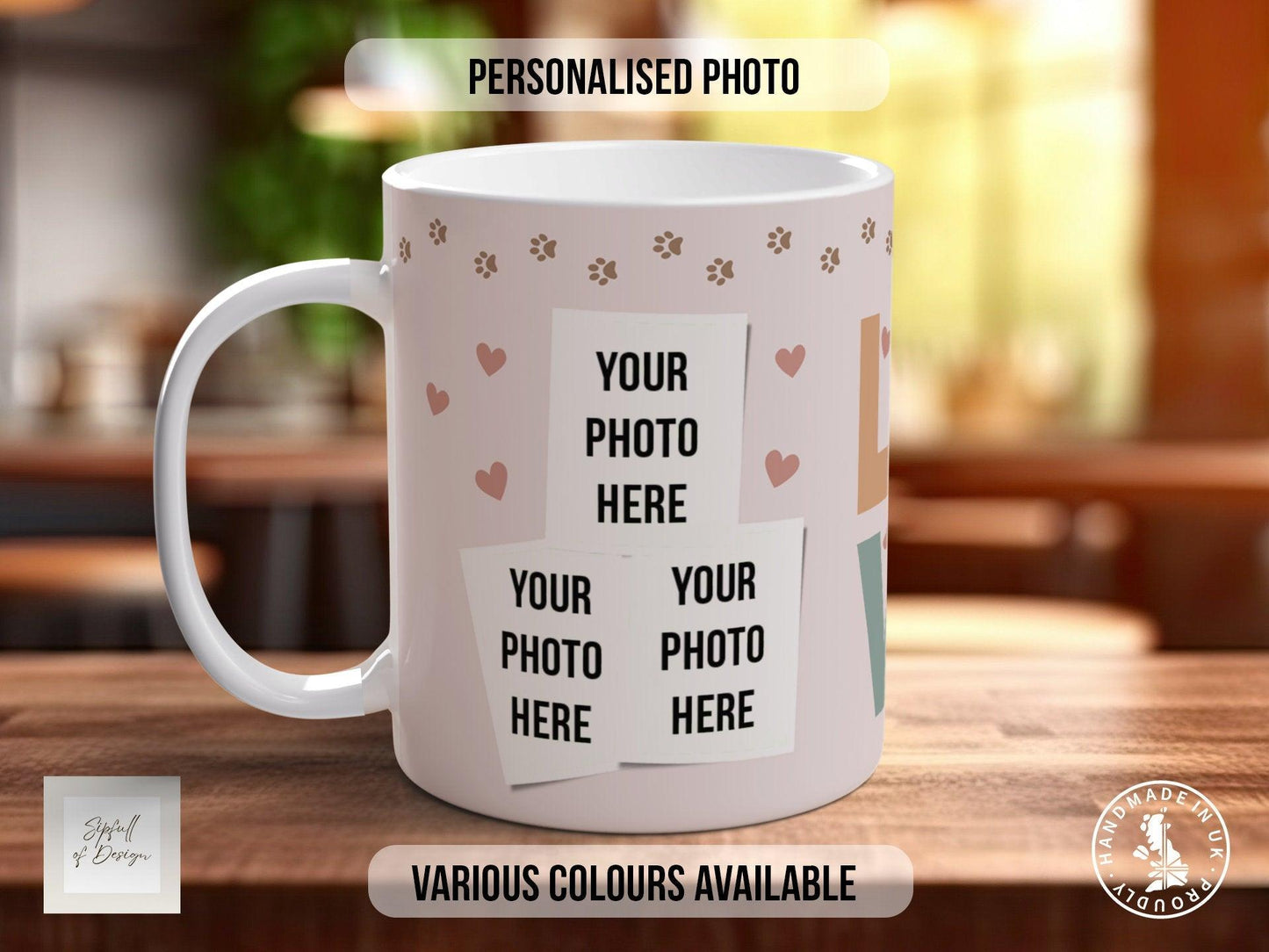 Personalised Dog Mug -  Pink Love Paws Photo Grid  - Multiple Mug Colours