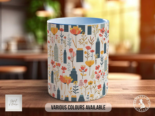Cityscape Wildflower Pattern Full Wrap Coloured Art Mug - Design 4
