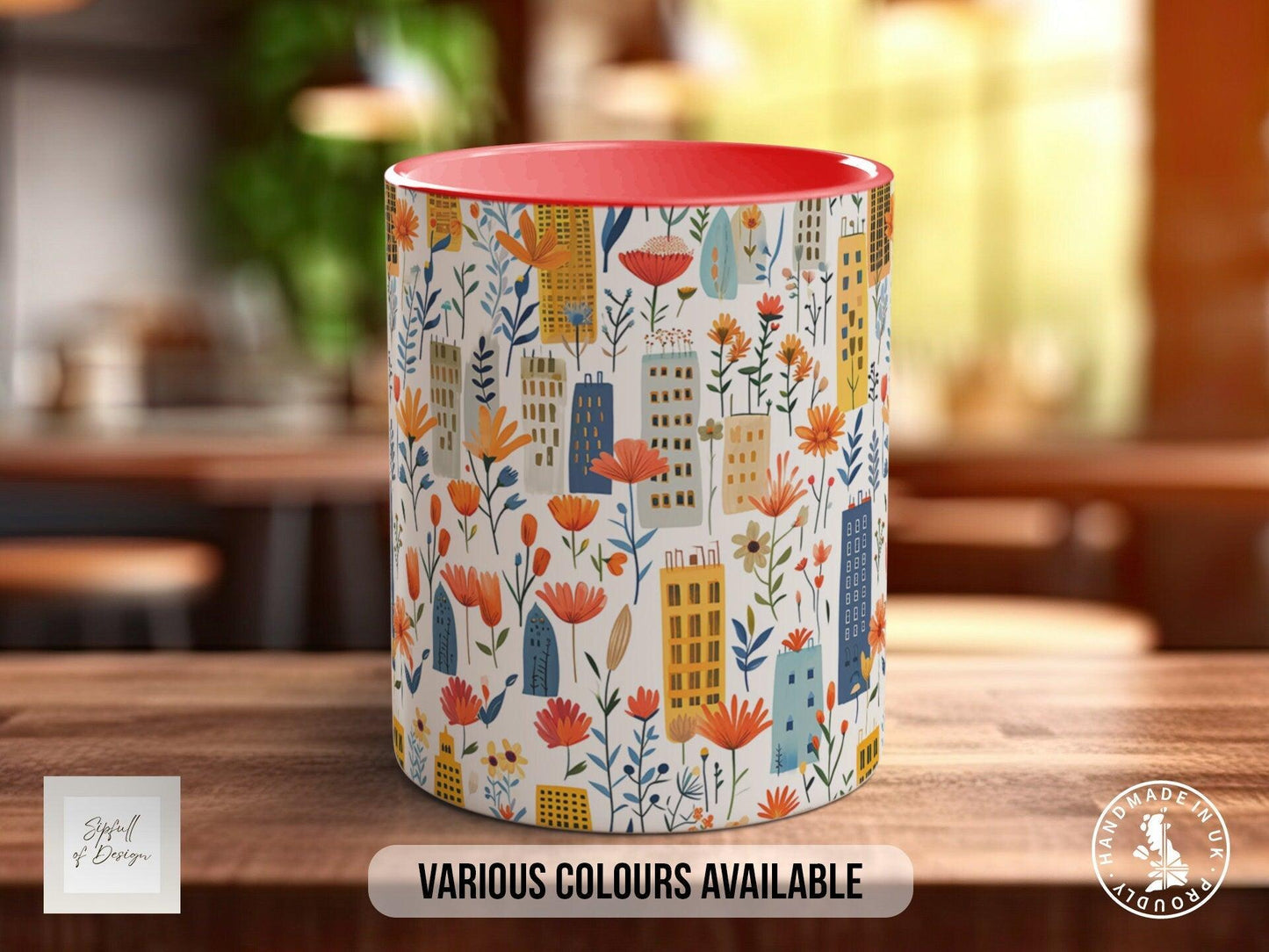 Cityscape Wildflower Pattern Full Wrap Coloured Art Mug - Design 6