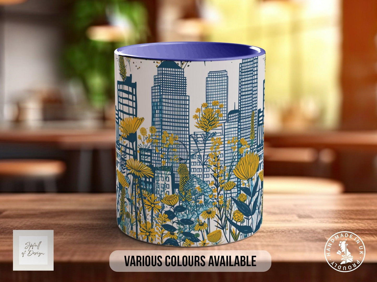 Cityscape Wildflower Pattern Full Wrap Coloured Art Mug - Design 8