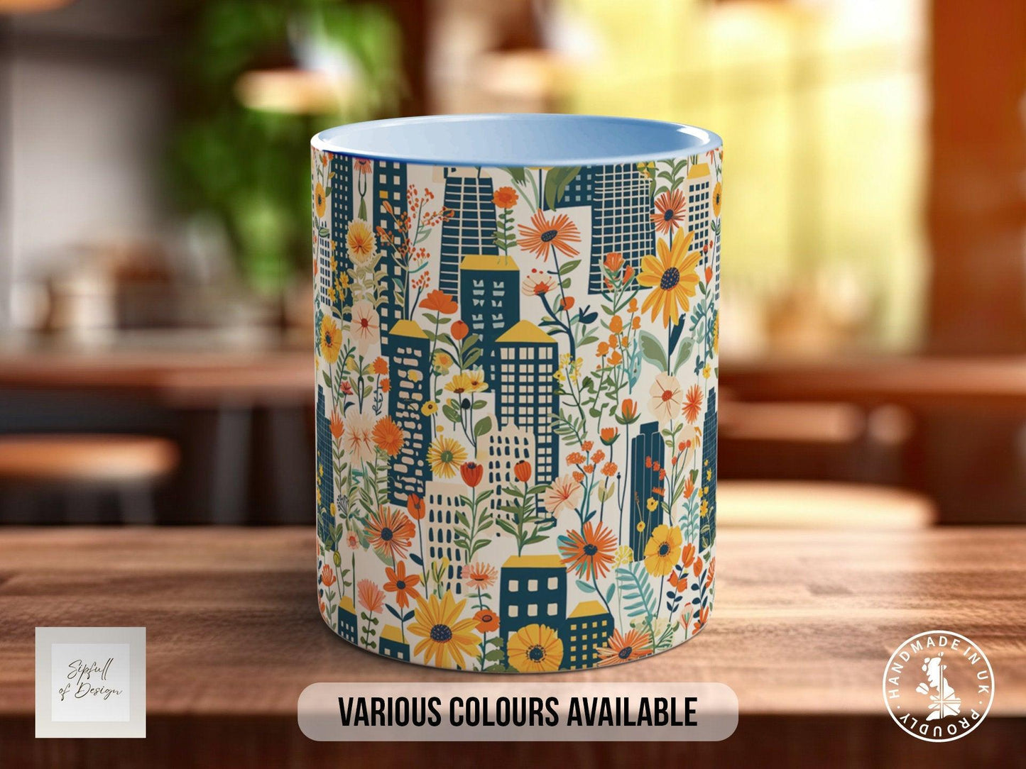 Cityscape Wildflower Pattern Full Wrap Coloured Art Mug - Design 9
