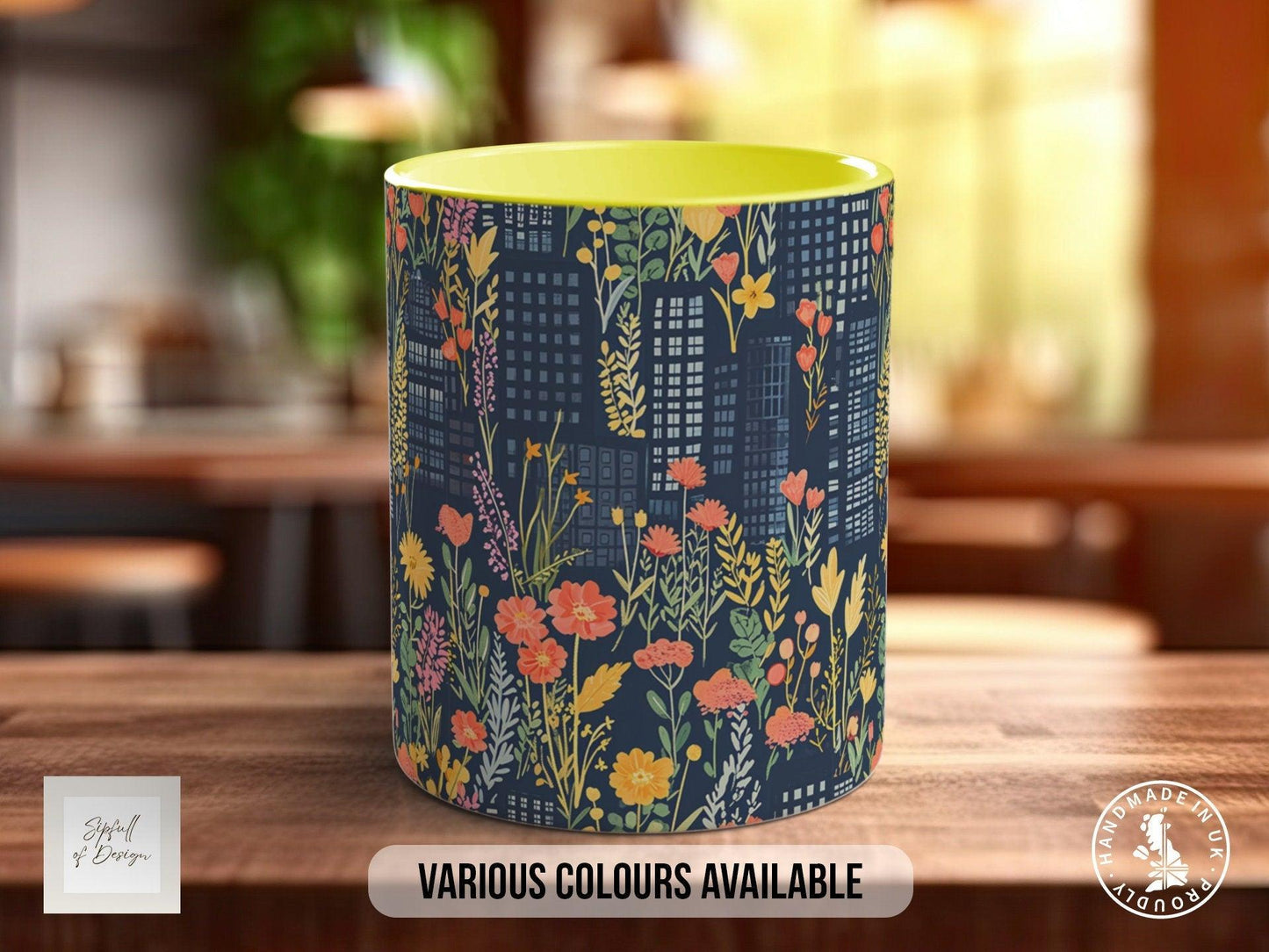 Cityscape Wildflower Pattern Full Wrap Coloured Art Mug - Design 10
