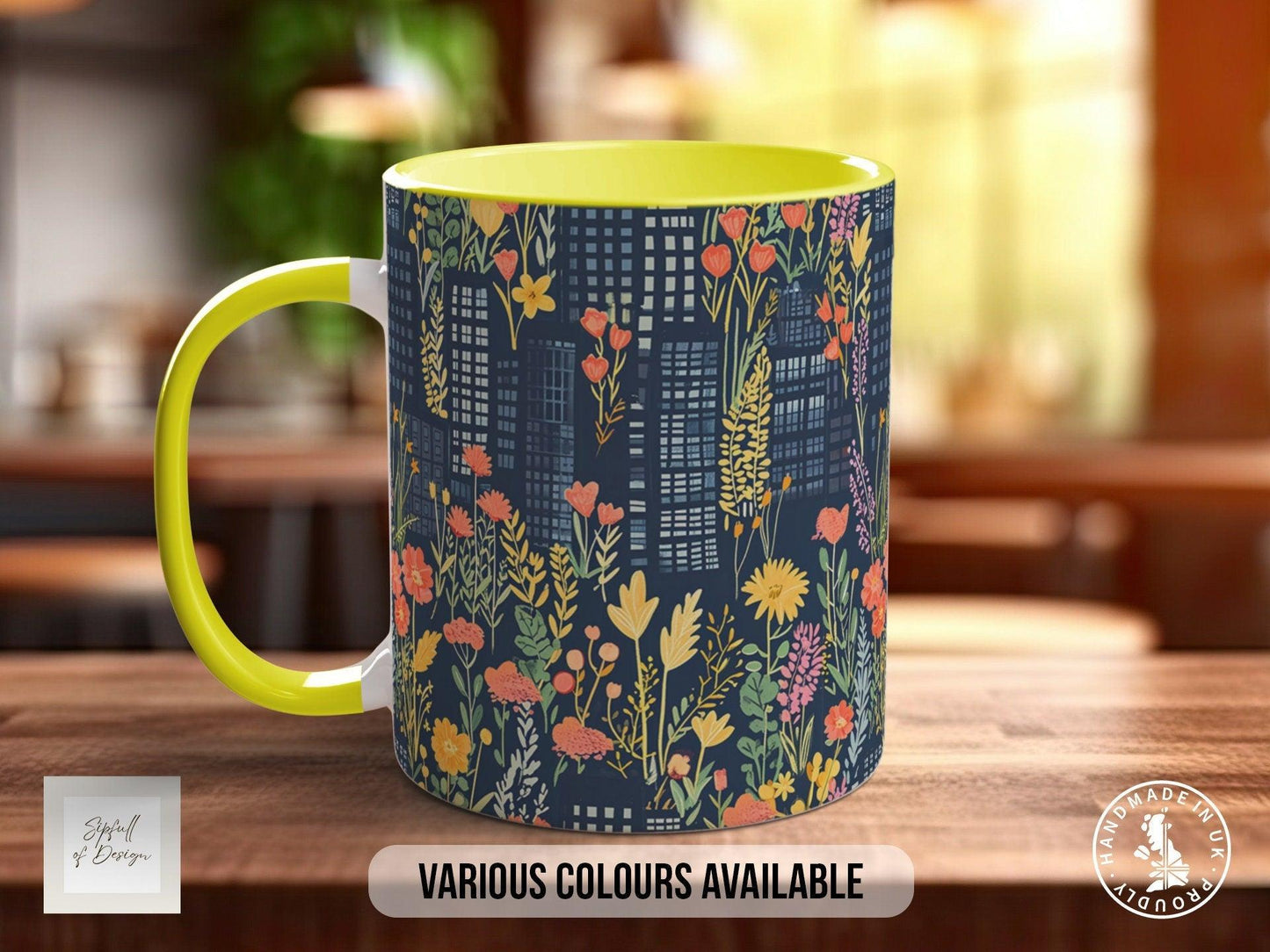 Cityscape Wildflower Pattern Full Wrap Coloured Art Mug - Design 10
