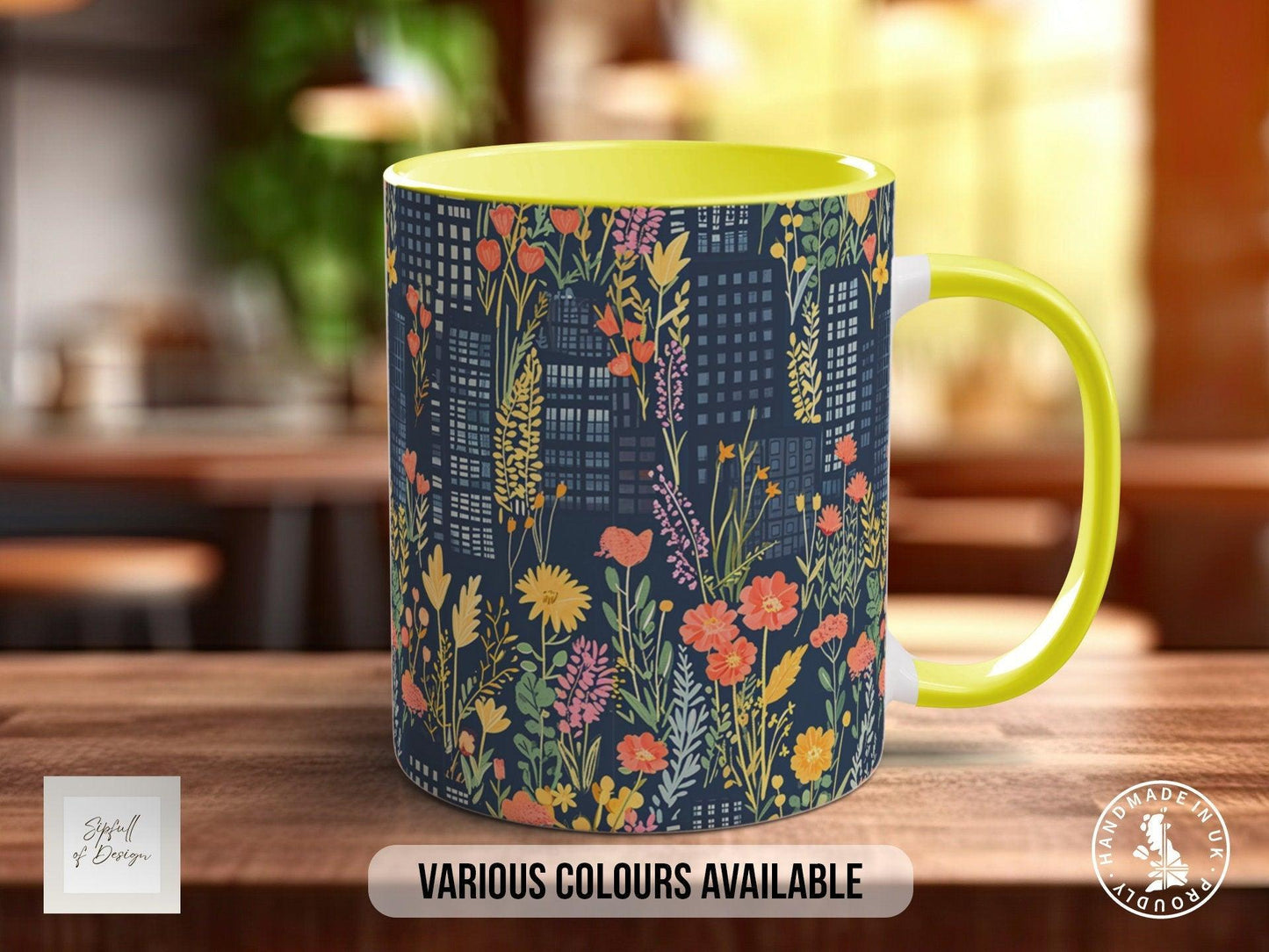 Cityscape Wildflower Pattern Full Wrap Coloured Art Mug - Design 10