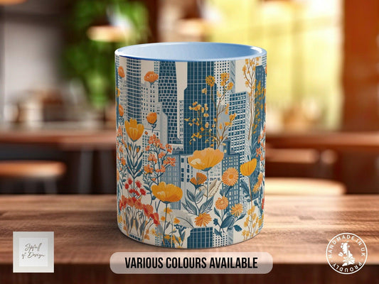 Cityscape Wildflower Pattern Full Wrap Coloured Art Mug - Design 11