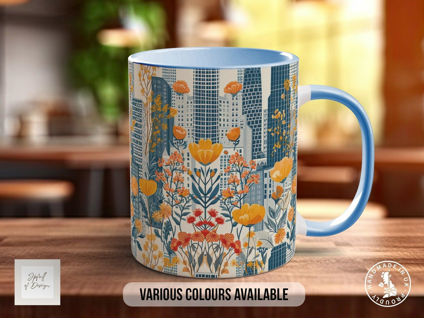 Cityscape Wildflower Pattern Full Wrap Coloured Art Mug - Design 11