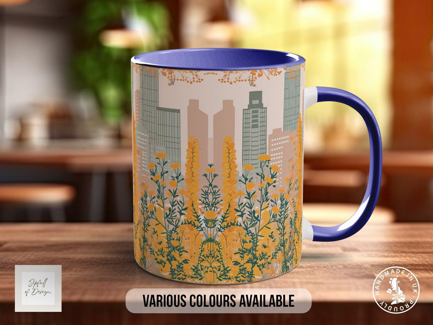 Cityscape Wildflower Pattern Full Wrap Coloured Art Mug - Design 12