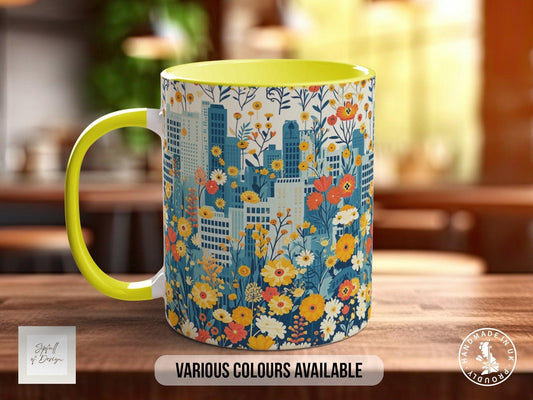 Cityscape Wildflower Pattern Full Wrap Coloured Art Mug - Design 14