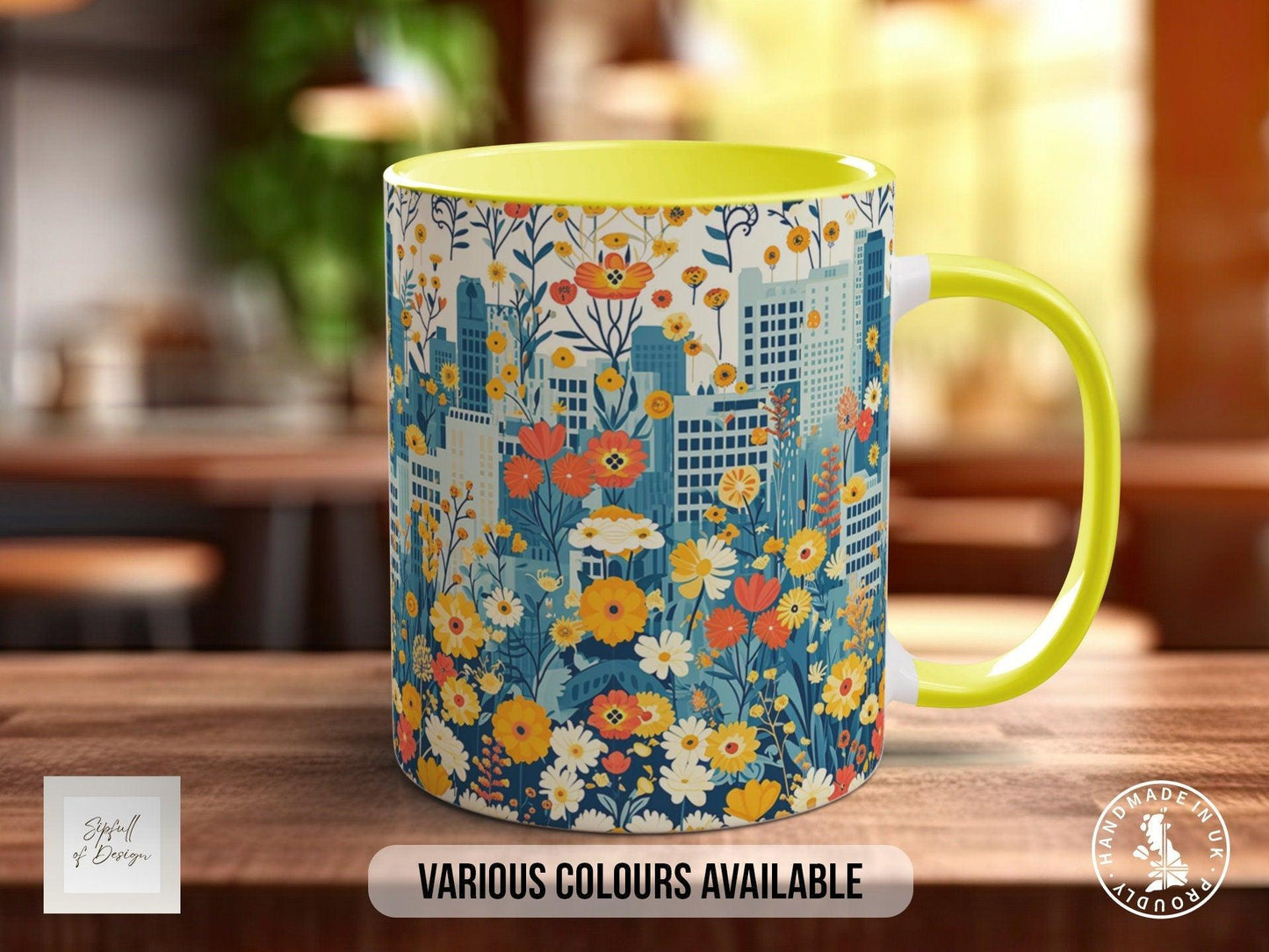 Cityscape Wildflower Pattern Full Wrap Coloured Art Mug - Design 14