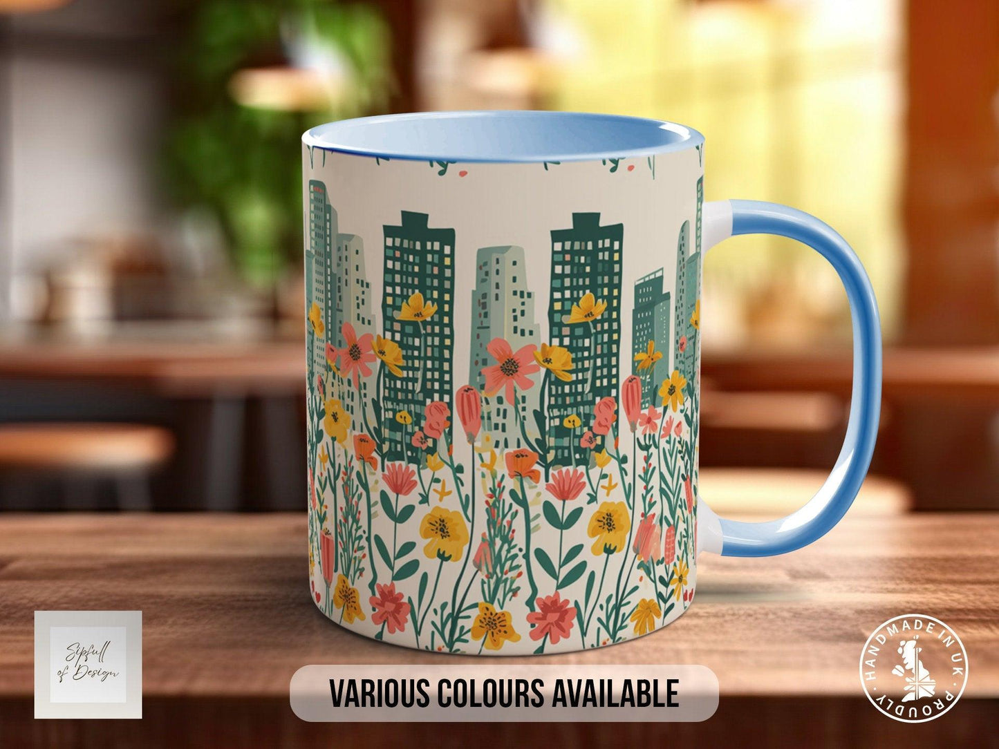 Cityscape Wildflower Pattern Full Wrap Coloured Art Mug - Design 15