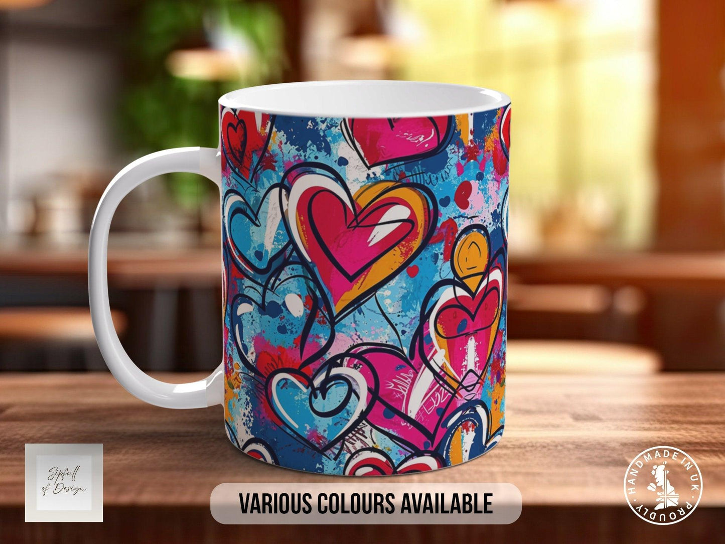 Graffiti Hearts Pattern Full Wrap Coloured Art Mug - Design 11