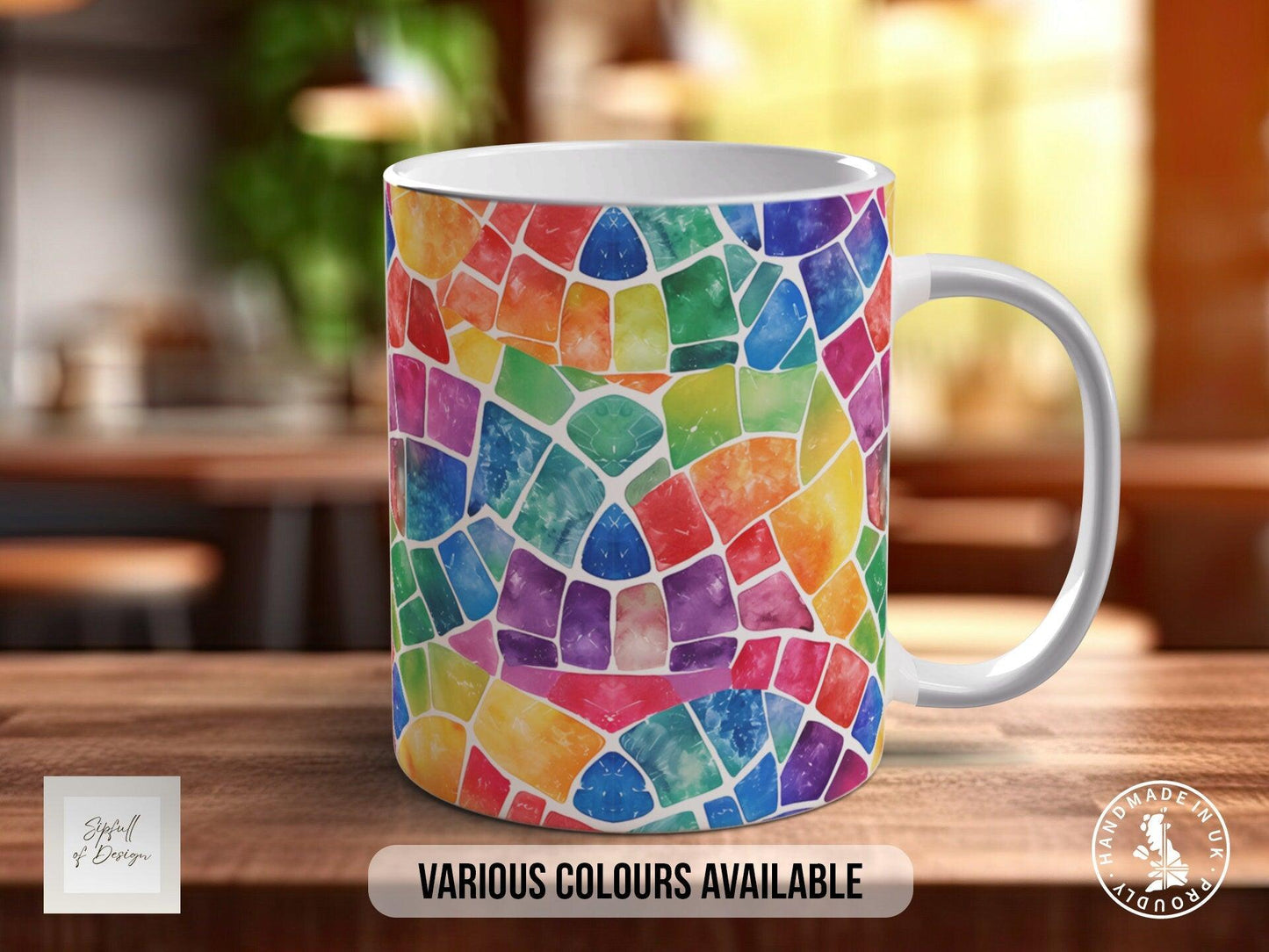 Watercolour Rainbow Stained Glass Pattern Full Wrap Coloured Art Mug - Design 1