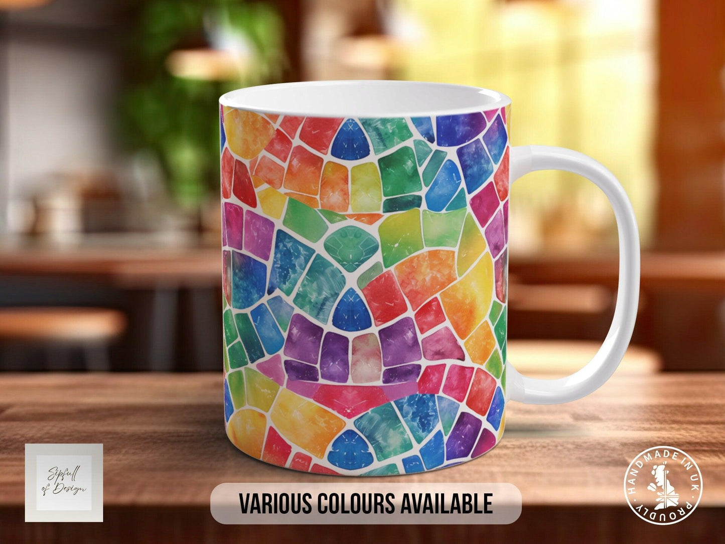 Watercolour Rainbow Stained Glass Pattern Full Wrap Coloured Art Mug - Design 1