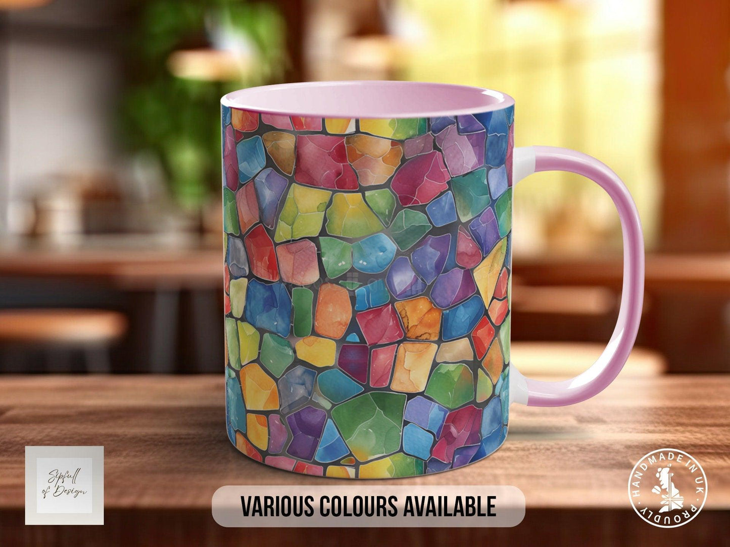 Watercolour Rainbow Stained Glass Pattern Full Wrap Coloured Art Mug - Design 12