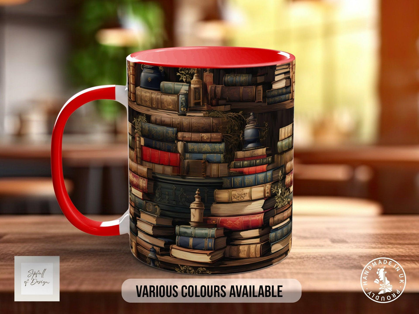 Book Shelf Pattern Full Wrap Coloured Art Mug - Design 12