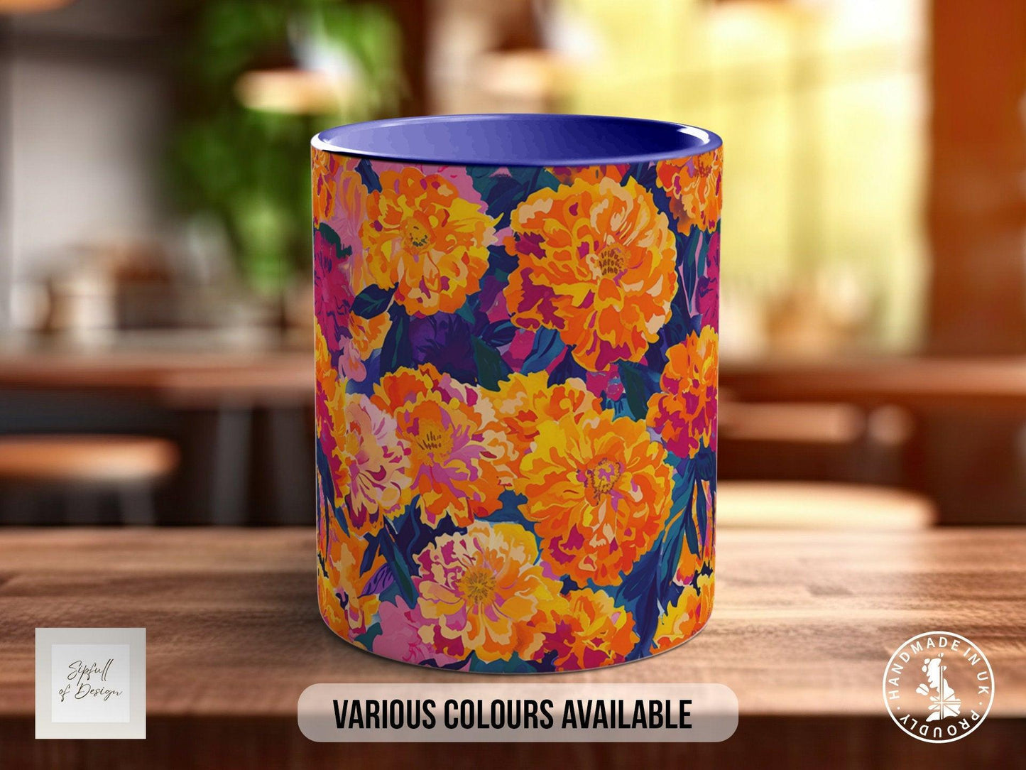 Birth Month Flowers Mug - October Marigold and Cosmos -