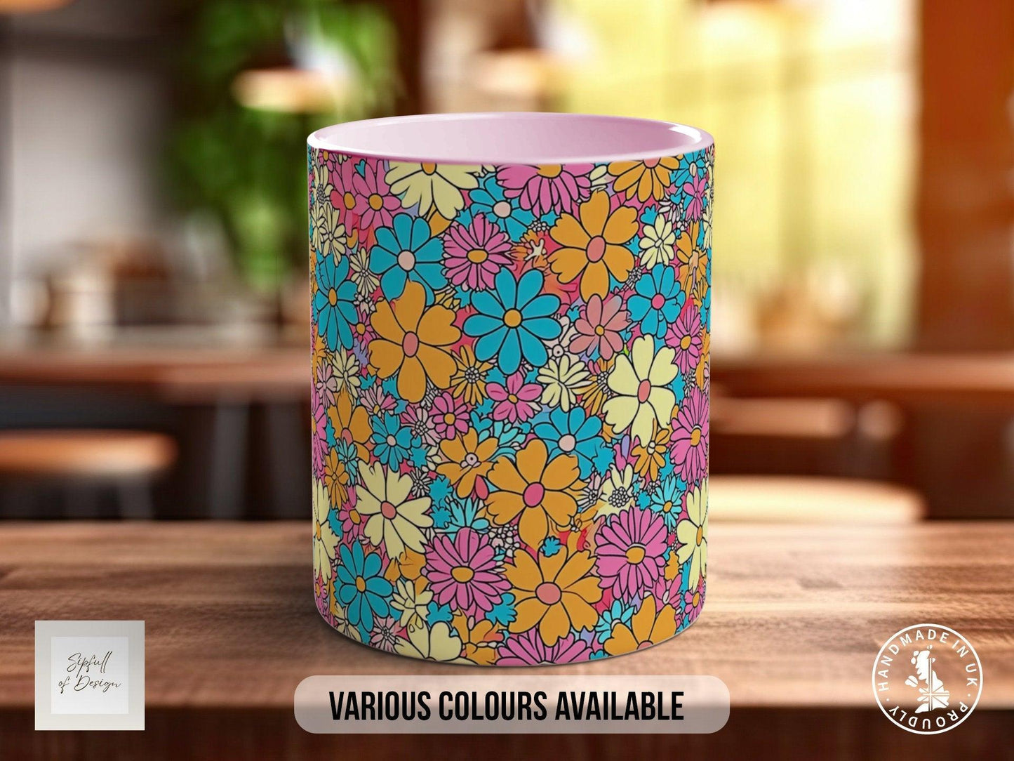 Coloured Groovy Flowers Full Wrap Art Mug - Design 1
