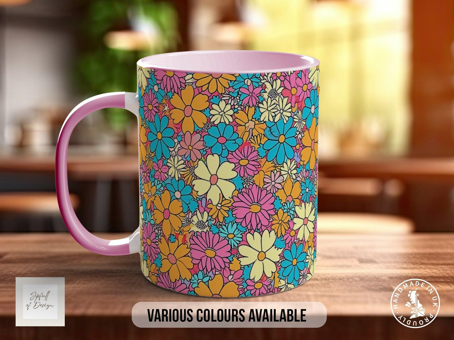 Coloured Groovy Flowers Full Wrap Art Mug - Design 1