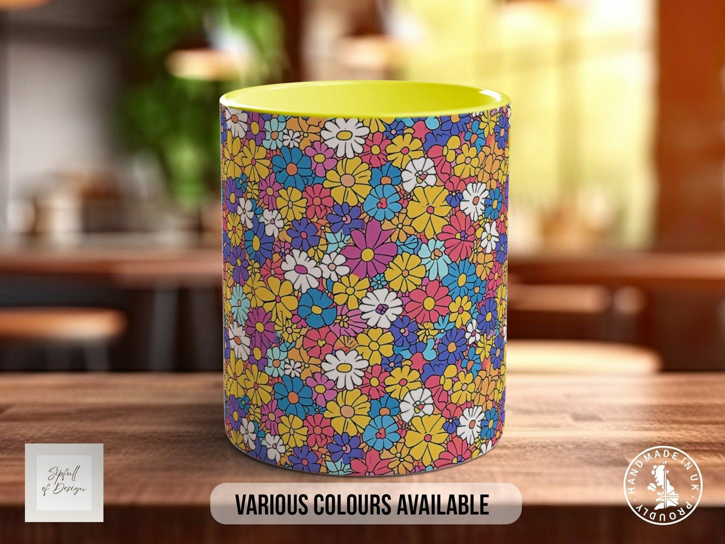 Coloured Groovy Flowers Full Wrap Art Mug - Design 3