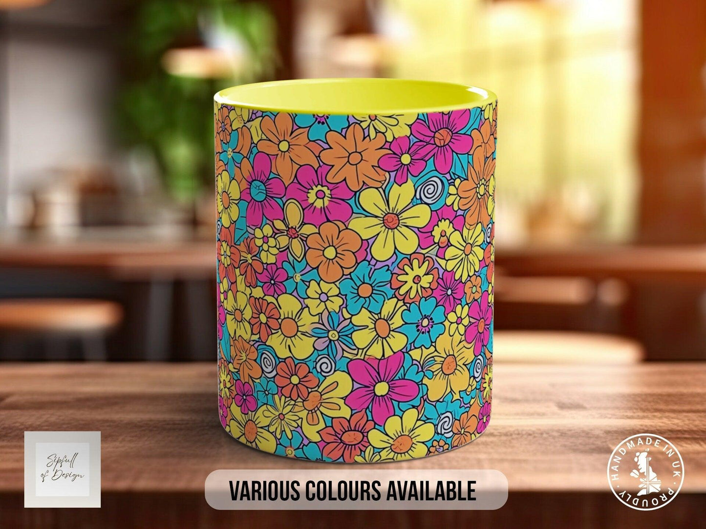 Coloured Groovy Flowers Full Wrap Art Mug - Design 5