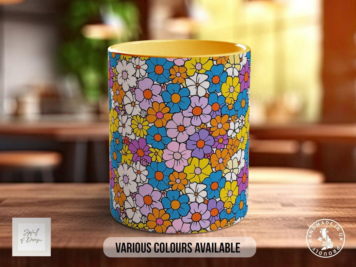 Coloured Groovy Flowers Full Wrap Art Mug - Design 6