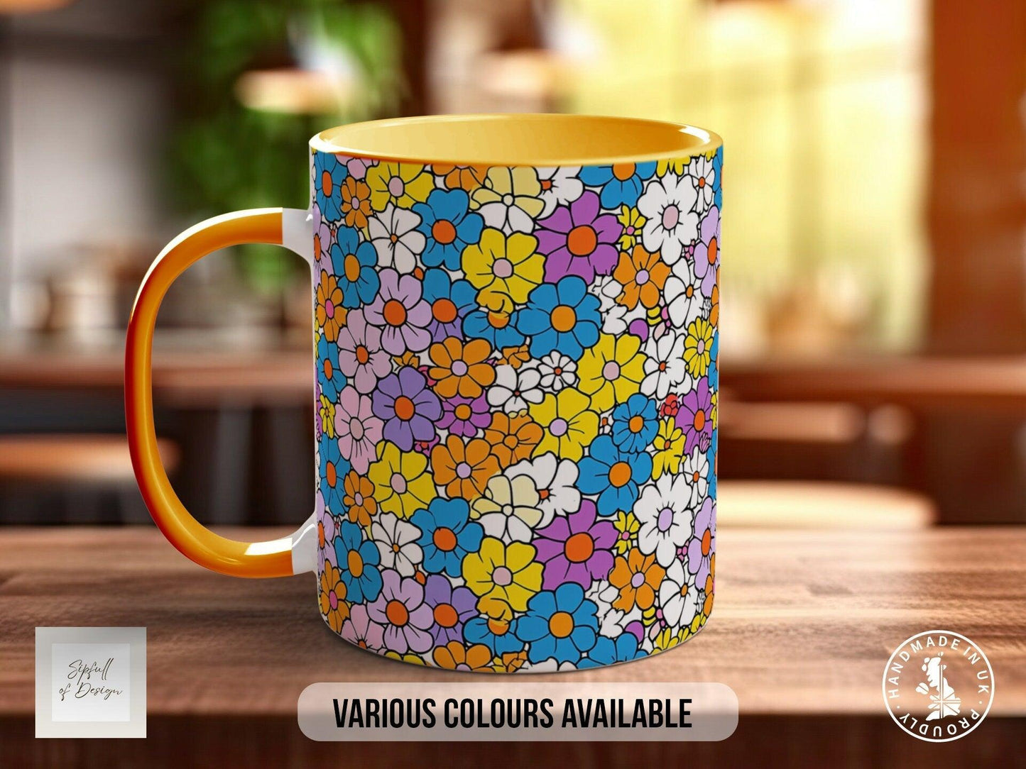 Coloured Groovy Flowers Full Wrap Art Mug - Design 6