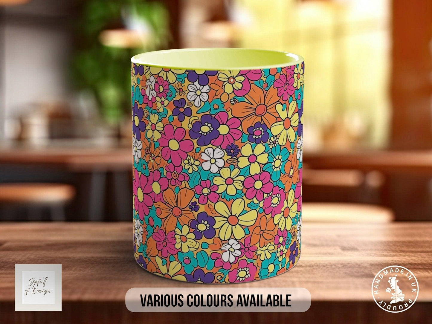 Coloured Groovy Flowers Full Wrap Art Mug - Design 8