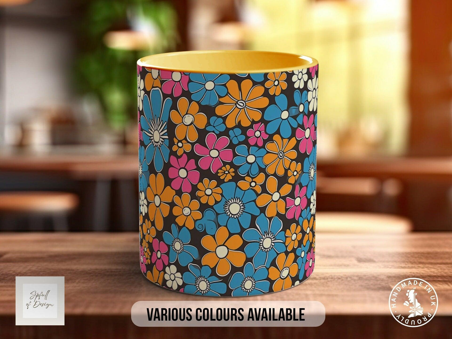 Coloured Groovy Flowers Full Wrap Art Mug - Design 11