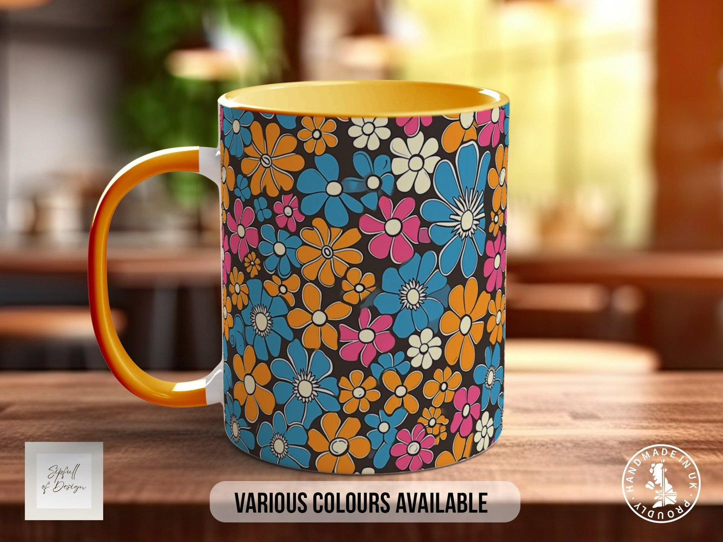 Coloured Groovy Flowers Full Wrap Art Mug - Design 11
