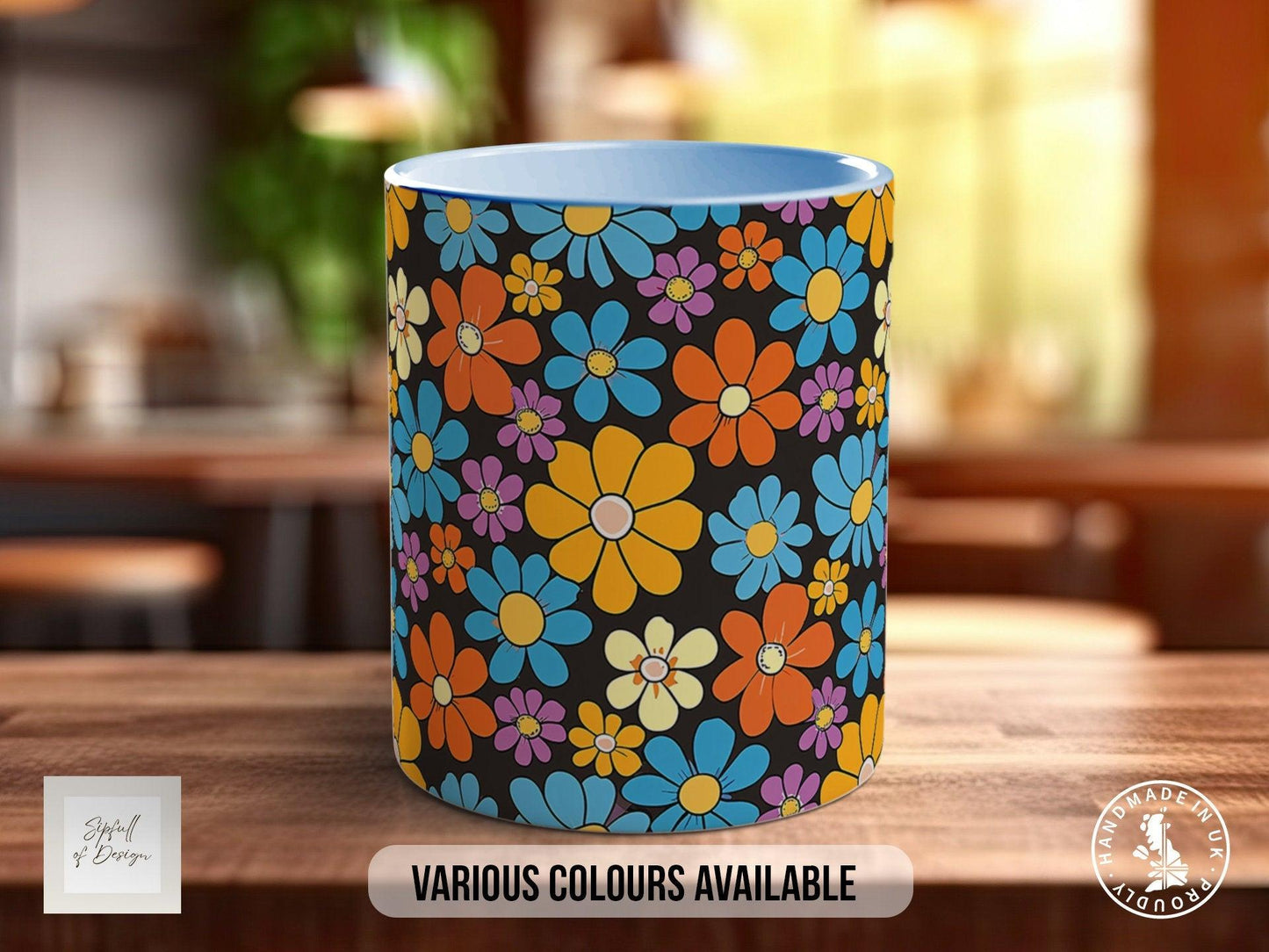 Coloured Groovy Flowers Full Wrap Art Mug - Design 12