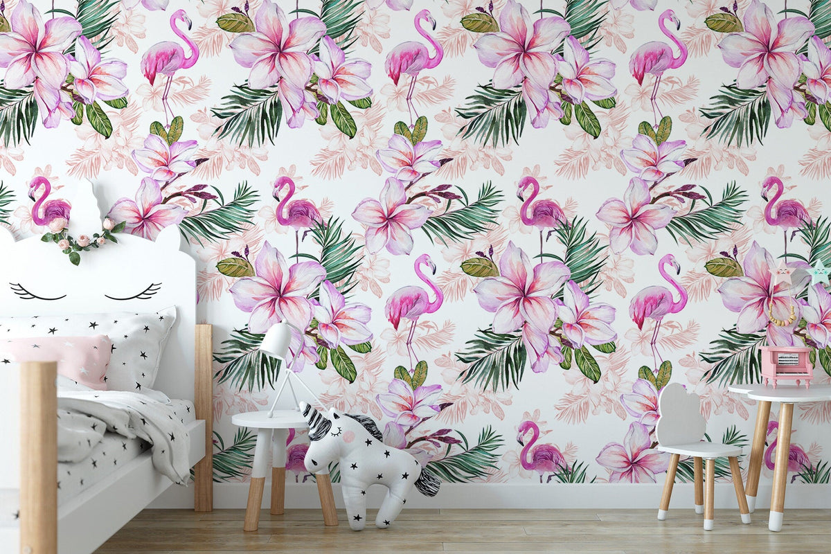 Pink Flamingo Floral Wallpaper | Pink Nursery Wallpaper | Baby Girl Blushing Pink Flamingo & Floral Décor | Peel and Stick or Traditional