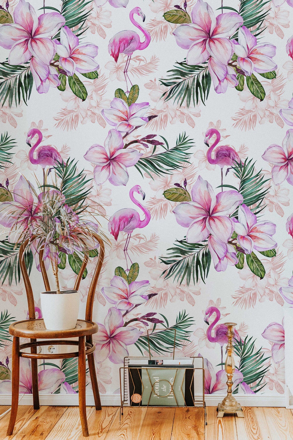 Pink Flamingo Floral Wallpaper | Pink Nursery Wallpaper | Baby Girl Blushing Pink Flamingo & Floral Décor | Peel and Stick or Traditional