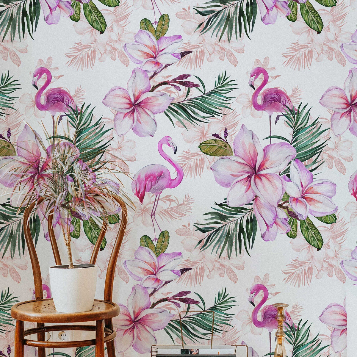 Pink Flamingo Floral Wallpaper | Pink Nursery Wallpaper | Baby Girl Blushing Pink Flamingo & Floral Décor | Peel and Stick or Traditional