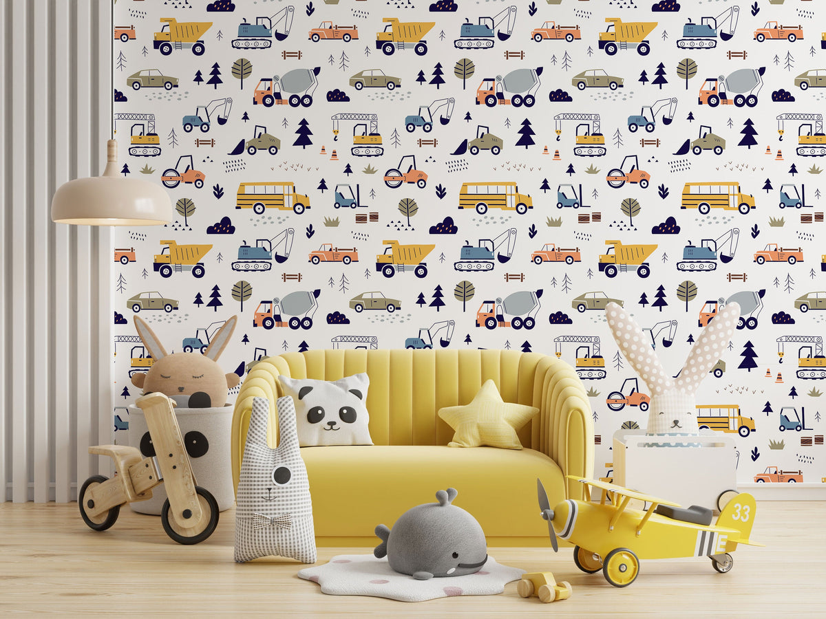 Cars and Trucks Nursery Wallpaper | Boys Wallpaper | Truck Wallpaper | Car Wallpaper | Bus Wallpaper | Wall Art | Peel and Stick or Traditional