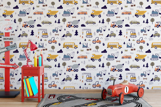 Cars and Trucks Nursery Wallpaper | Boys Wallpaper | Truck Wallpaper | Car Wallpaper | Bus Wallpaper | Wall Art | Peel and Stick