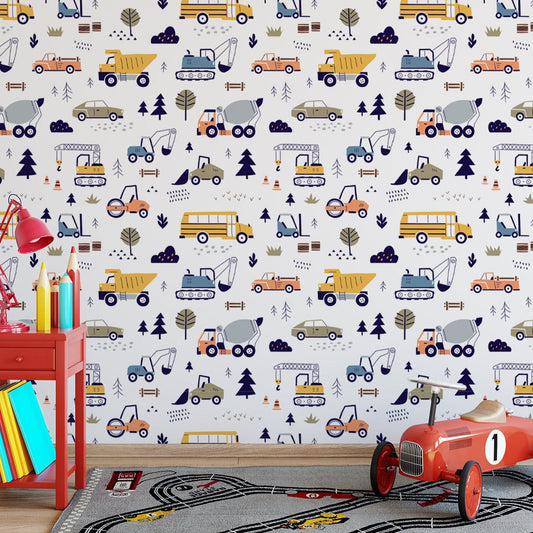 Cars and Trucks Nursery Wallpaper | Boys Wallpaper | Truck Wallpaper | Car Wallpaper | Bus Wallpaper | Wall Art | Peel and Stick or Traditional