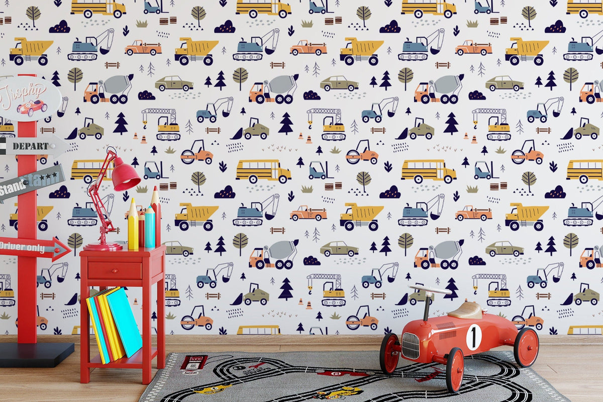Cars and Trucks Nursery Wallpaper | Boys Wallpaper | Truck Wallpaper | Car Wallpaper | Bus Wallpaper | Wall Art | Peel and Stick or Traditional