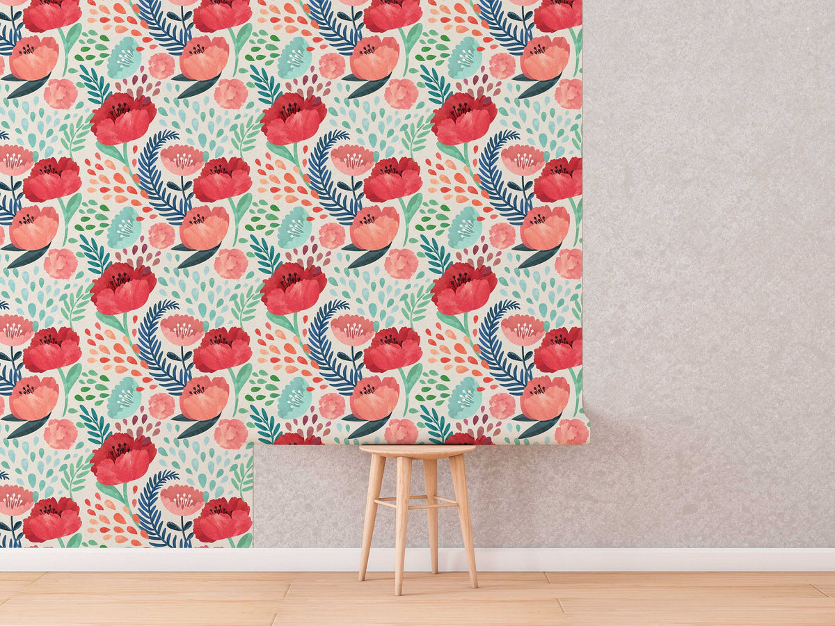Red Poppy Flowers Wallpaper | Wall Mural | Wall Art | Nursery Decor | Floral Wall | Peel and Stick or Traditional