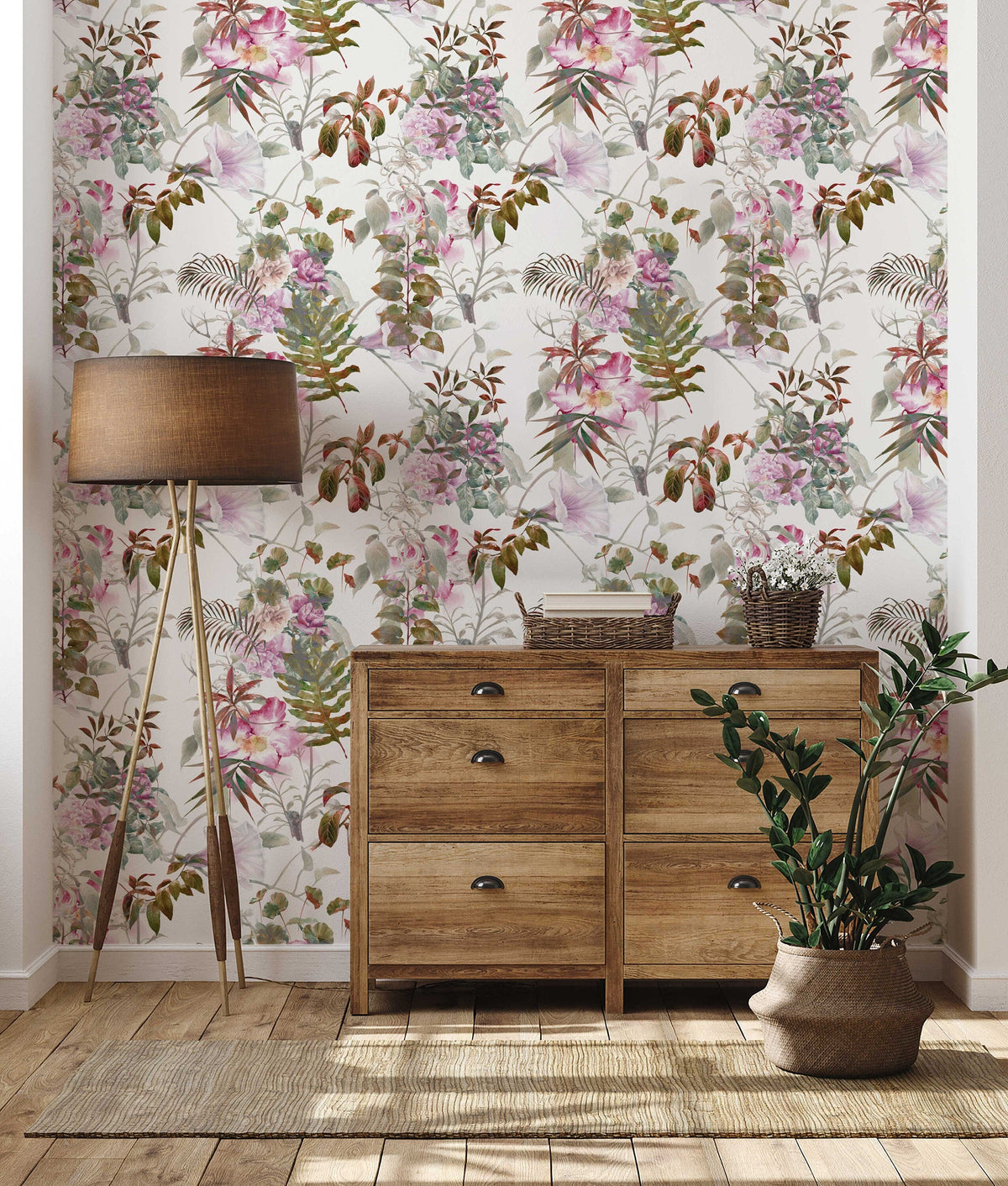 Tropical Floral Wallpaper | Pink Tropical Flowers and Leaves | Tropical Print Wallpaper | Peel and Stick or Traditional