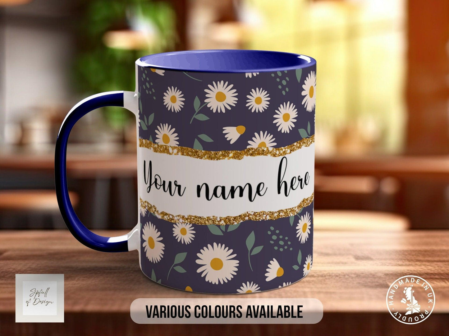 Personalised Daisy Mug – Coloured Bone China Mug with Floral Design & Positive Quote