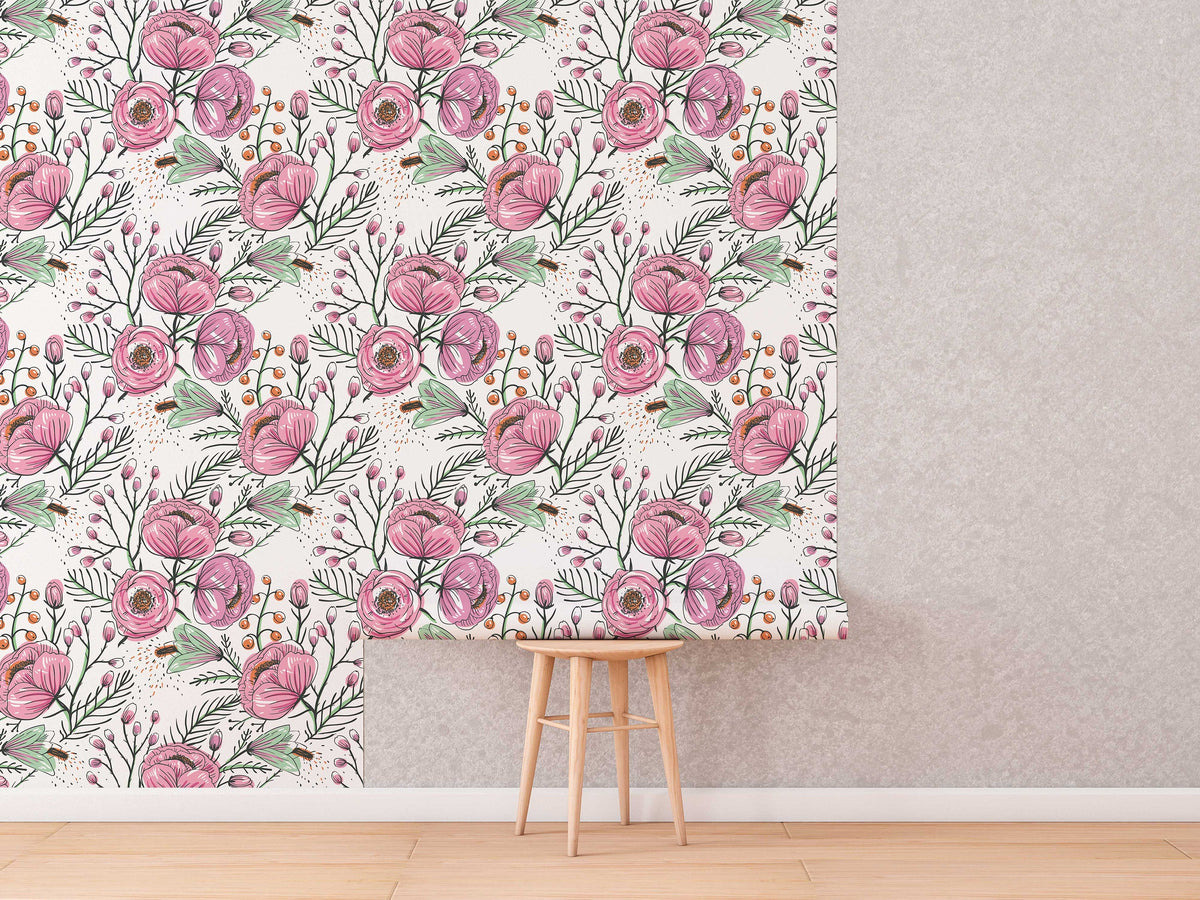 Purple Floral Wallpaper | Watercolour Flower Mural | Poppy Wallpaper | Peel and Stick or Traditional