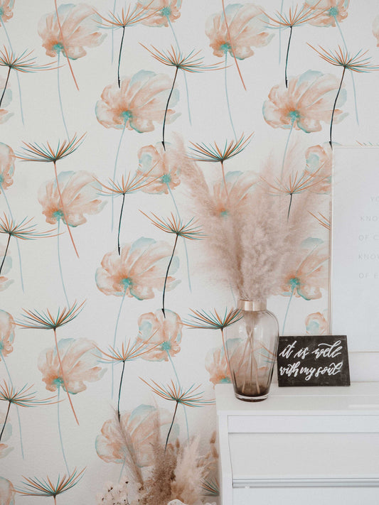 Dandelion Flowers Wallpaper | Custom Color Teal Floral Pattern | Peel and Stick Removable Wallpaper For All Rooms | Self Adhesive Mural