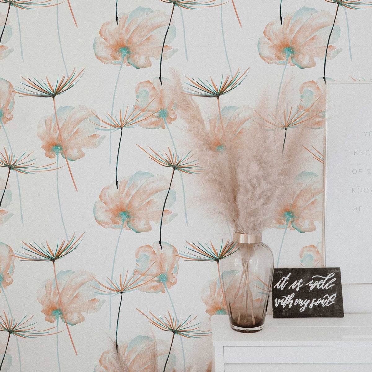 Dandelion Flowers Wallpaper | Custom Colour Teal Floral Pattern for All Rooms | Peel and Stick or Traditional