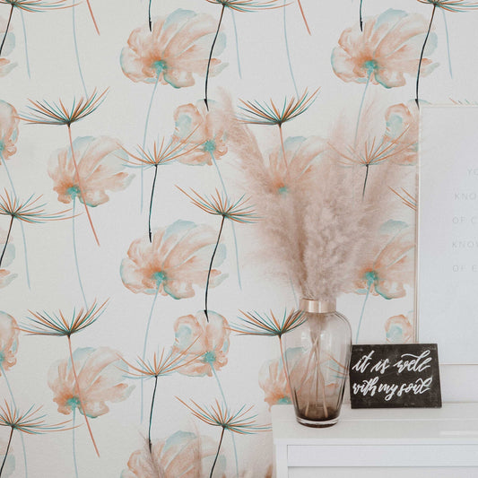 Dandelion Flowers Wallpaper | Custom Colour Teal Floral Pattern for All Rooms | Peel and Stick or Traditional