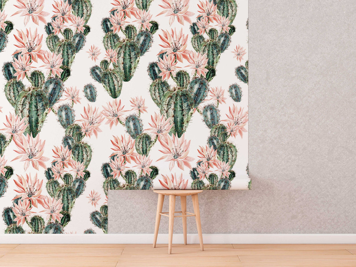 Watercolour Cactus Flowers Wallpaper | Cacti Wall Mural | Cactus Print | Floral Wall Décor | Floral Wallcovering | Peel and Stick or Traditional