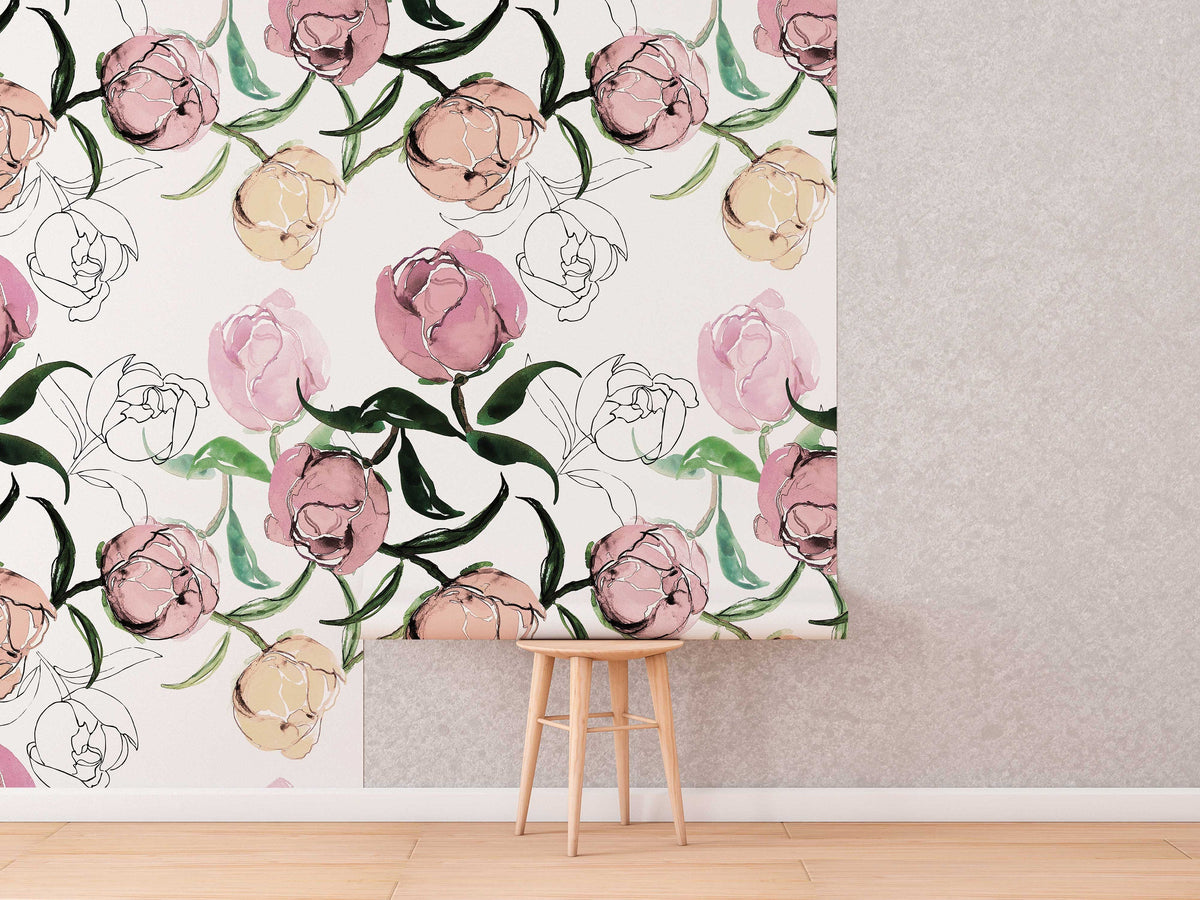 Blooming Peonies Wall Art | Pale Wallpaper | Peony Blush Bouquet | Floral Wall Mural | Painting Wall Sticker | Floral Decal Flower | Peel and Stick or Traditional