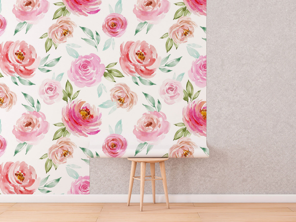 Soft Pink Roses Wallpaper | Floral Wallpaper | Watercolour Wallpaper | Flower Wallpaper Mural | Peel and Stick or Traditional