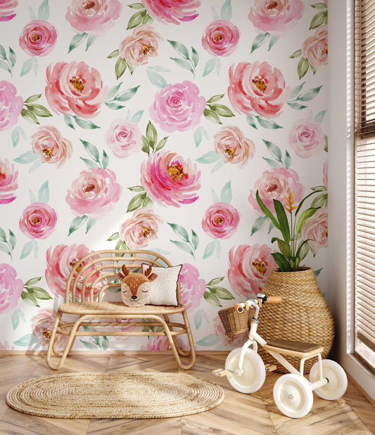 Soft Pink Roses Wallpaper | Floral Wallpaper Peel and Stick | Removable Wallpaper | Watercolor Wallpaper | Flower Wallpaper Mural