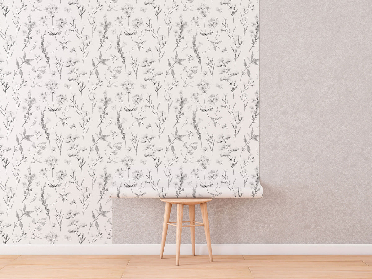Delicate Wildflowers Wallpaper | Soft Shades of Grey Floral Pattern for All Rooms | Peel and Stick or Traditional